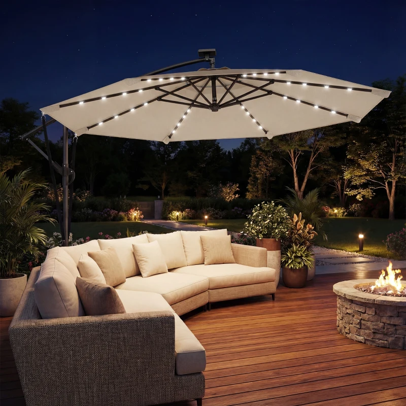 Outsunny 11.3 ft Cantilever Patio Umbrella with Light, Cover, Aluminium UPF50+ Offset Outdoor Umbrella Parasol, Khaki