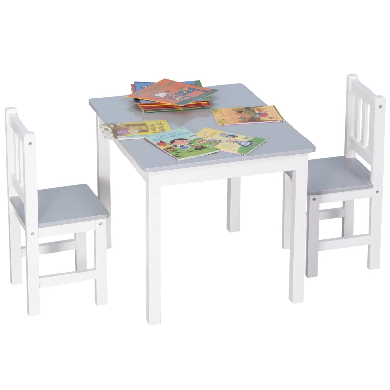 Qaba Kids 3 Piece Table and Chair Set Ideal for Arts, Meals, Lightweight Wooden Homework Activity Center, Toddlers Age 3+, Grey