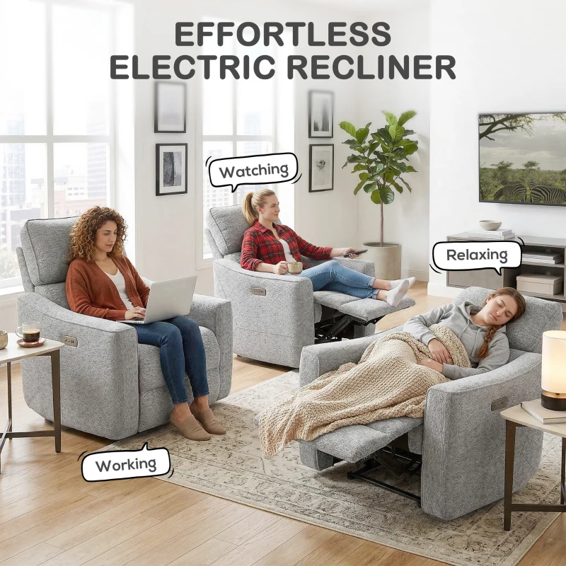 HOMCOM Power Recliner Chair, Chenille Upholstered Recliner Chair with USB Ports, Footrest, Grey