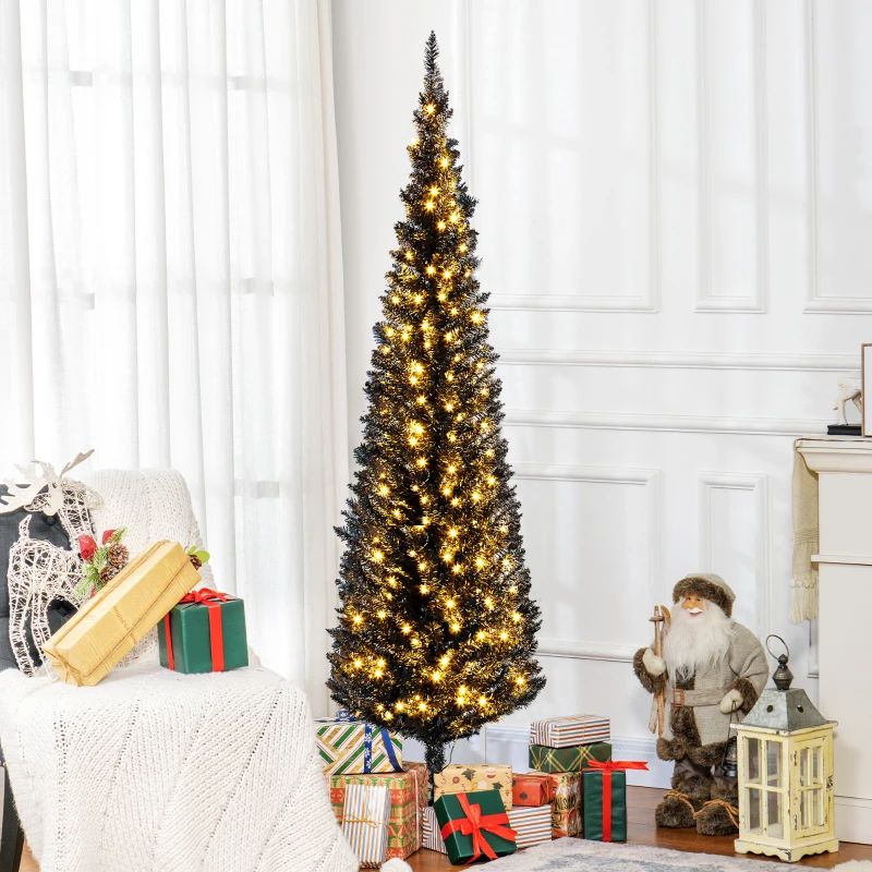 HOMCOM 6ft Pencil Christmas Tree, Slim Artificial Christmas Tree with Realistic Branches and Warm White LED Lights, Black