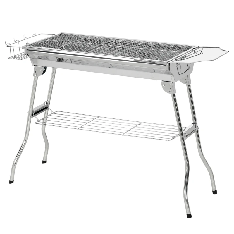Outsunny Stainless Steel Portable Charcoal Grill, Folding BBQ Grill with Shelf, Side Basket and Pan for Cooking, Camping, Travel