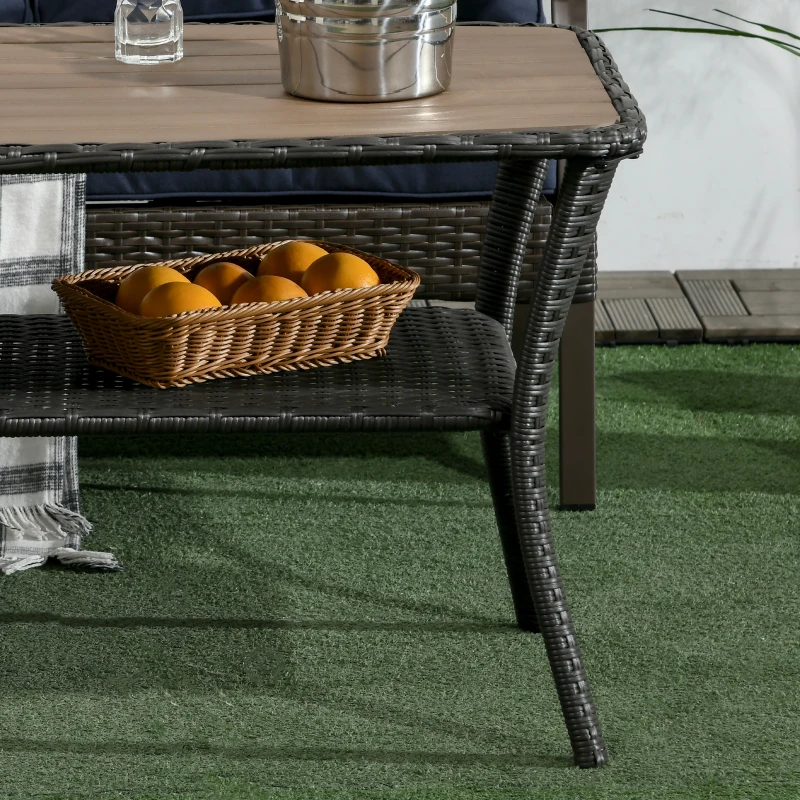 Outsunny Outdoor Patio PE Rattan Coffee Table with Storage Shelf, Wicker Side Table with Wood-Plastic Composite Top, Mixed Brown