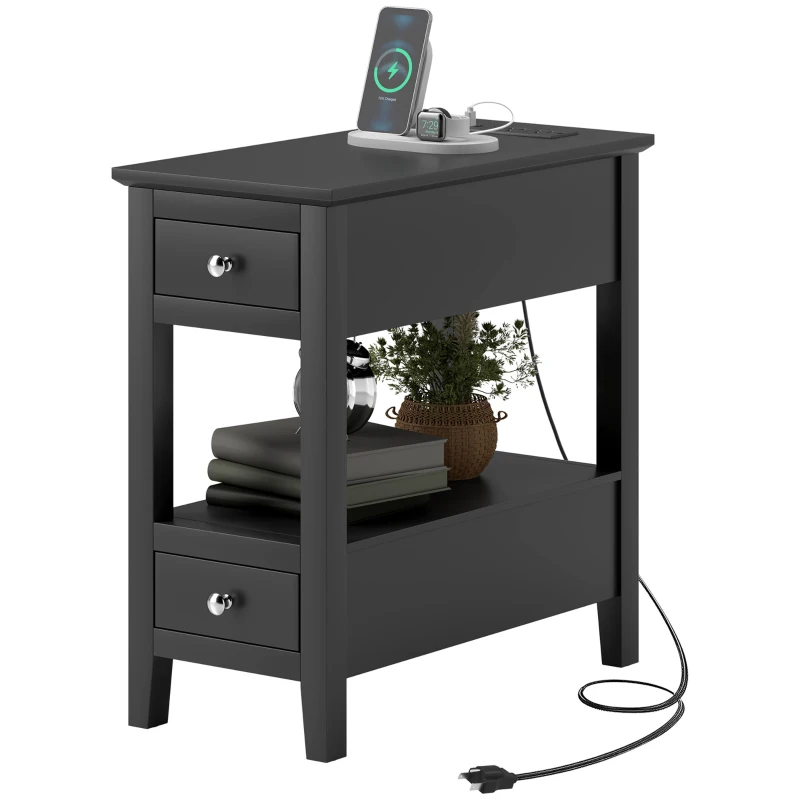 HOMCOM Narrow Side Table with Charging Station, USB Ports, Modern End Table with Storage Shelf, Drawers for Living Room, Black