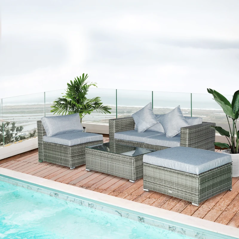 Outsunny 5-Piece Outdoor Sectional Furniture, Patio Sofa Set, PE Wicker Couch, Cushions, Pillows, Ottoman, Table, Light Gray