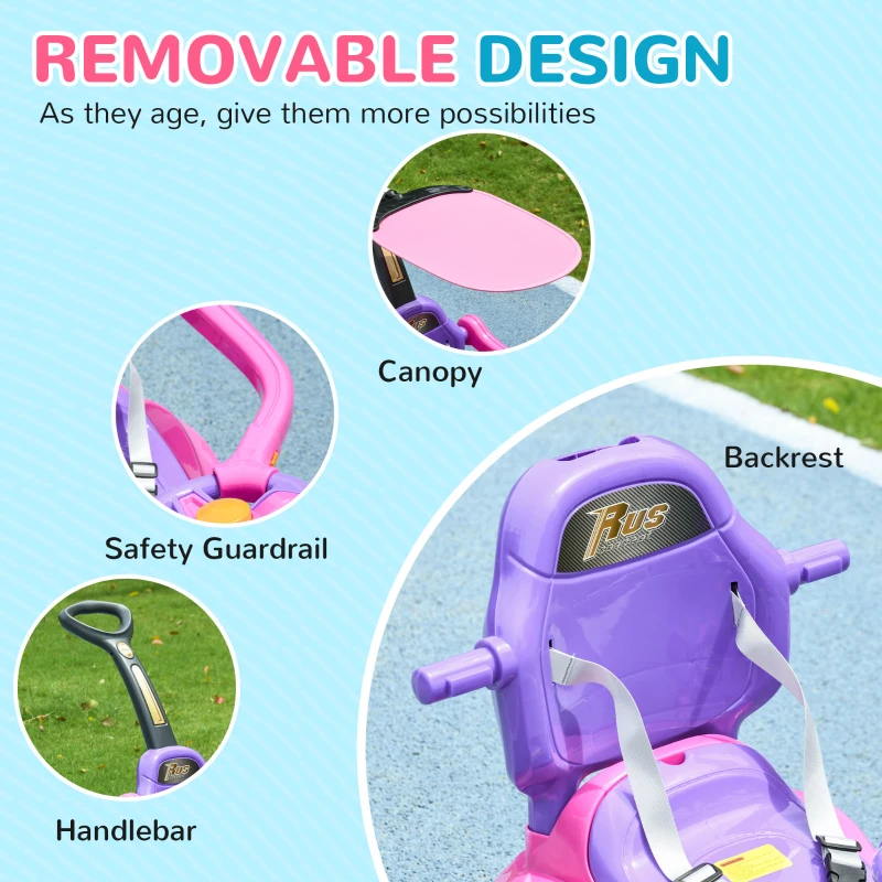 Qaba 3 in 1 Kids Push Car Toddler Sliding Car, Foot to Floor Design with Music, Light, Handle, Removable Canopy, Pink