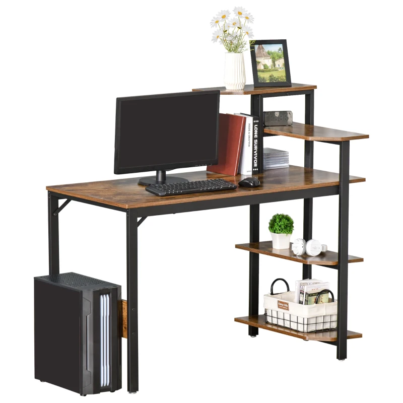 HOMCOM Compact Computer Desk with 4-Tier Open Bookshelf, Writing Table with Steel Frame for Home Office, Rustic Brown