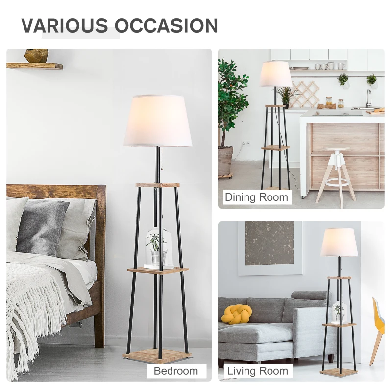 HOMCOM Modern Free Standing Tall Floor Lamp with Linen Style Fabric Shade & 3-Tier Rubberwood Display Shelving