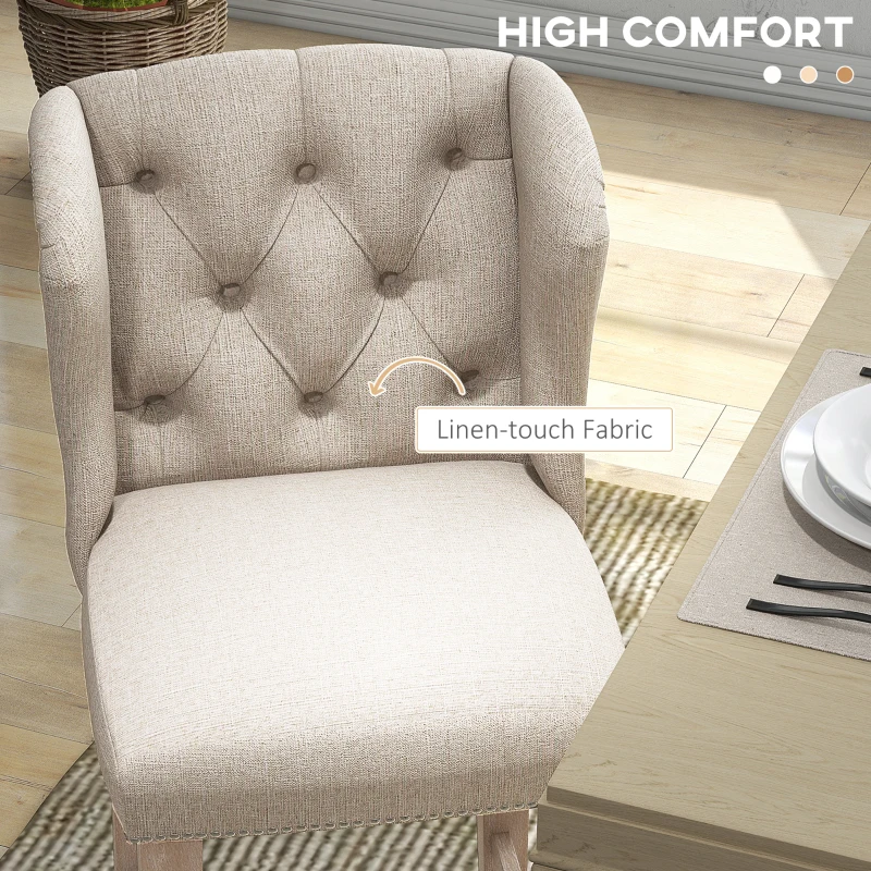 HOMCOM Counter Height Bar Stools Set of 2, Upholstered Bar Chairs with Nailhead Backrest and Footrest, Modern Barstools for Kitchen, Dining Room, Beige