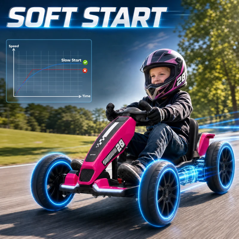 Qaba 12V Electric Go Kart for Kids with Dual Motors, Adjustable Seat, Soft Start, LED Lights, EVA Wheels, for Age 3-6, Pink