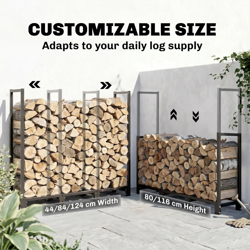 Outsunny 4 ft Firewood Rack with Customisable Width & Height, Cable Reinforcement, 616 lb Capacity Log Store Indoors, Black