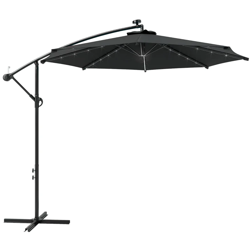 Outsunny 10ft Outdoor Cantilever Umbrella Banana Umbrella with Solar Lights and Adjustable Angle for Patio Backyard Black