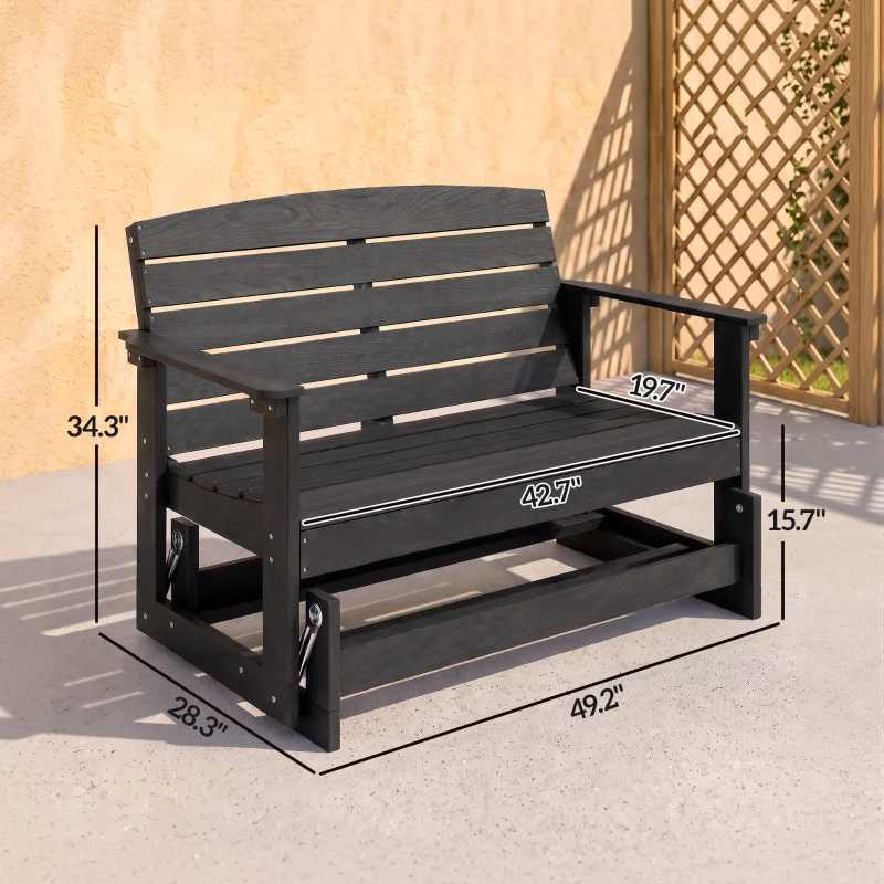 Outsunny Patio Glider Bench w/ HDPE Slatted Double Rocking Chair, Distressed Black