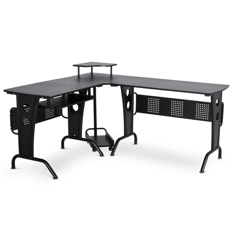 HOMCOM L-Shaped Corner Computer Office Desk Workstation with Elevated Shelf, Rolling Keyboard Tray, & Convenient CPU Stand, Black