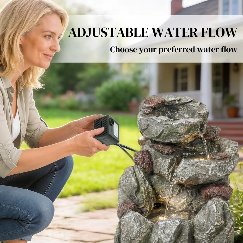 Outsunny Outdoor Fountain with LED Lights Adjustable Flow Cascading Waterfall 3-Tier Rustic Rock Look Grey