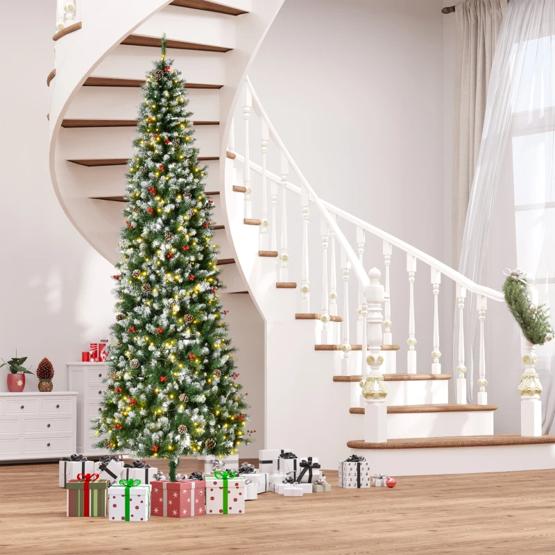 HOMCOM 9ft Pre-Lit Snow-Dipped Artificial Christmas Tree with Realistic Branches, 460 LED Lights, Pine Cones
