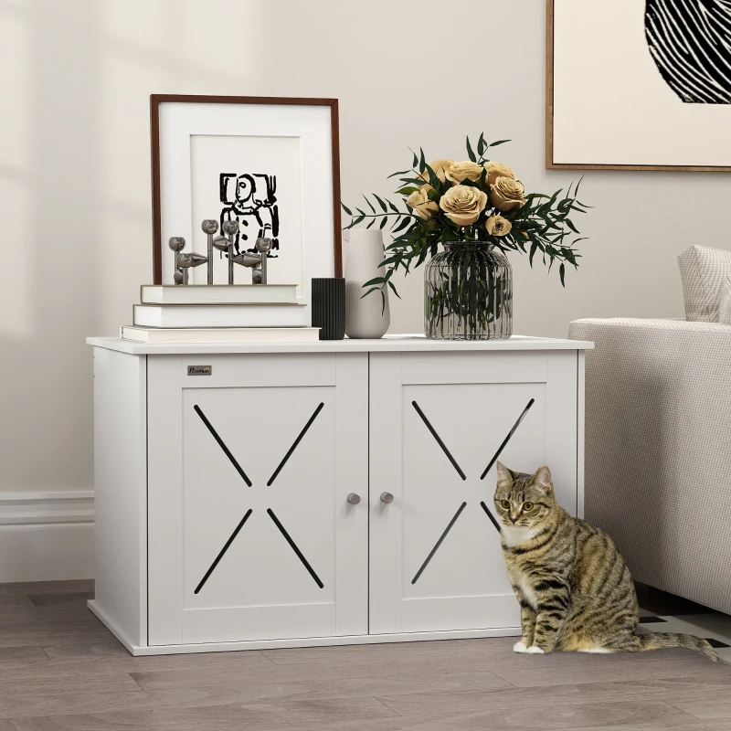 PawHut Hidden Cat Litter Box Enclosure with Double Doors, Hole, Pet House Side End Table, 31.5" x 19" x 20", White
