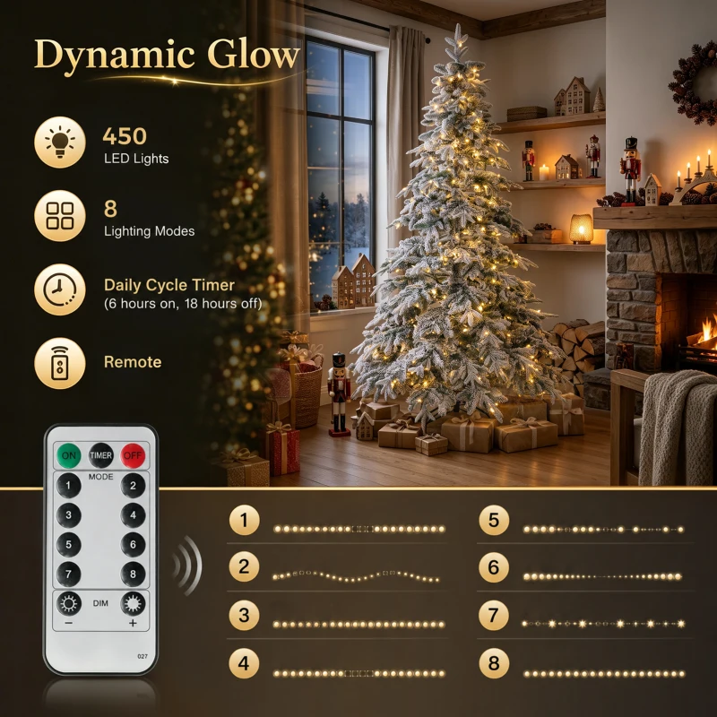 HOMCOM 7ft Prelit Flocked Christmas Tree, Downswept Hinged Xmas Tree with LED Lights, 8 Modes, Daily Timer, Remote