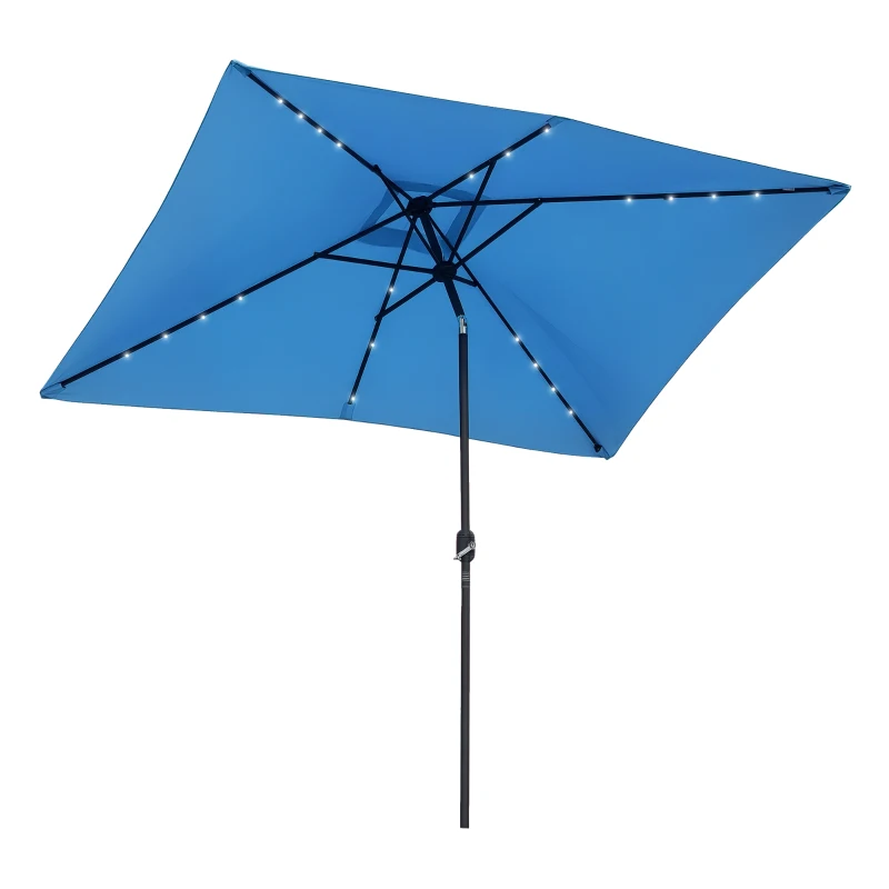 Outsunny 6' x 10' Patio Umbrella with 22 LED Solar Lights and Tilt, Rectangular Outdoor Table Umbrella with Crank, Light Blue
