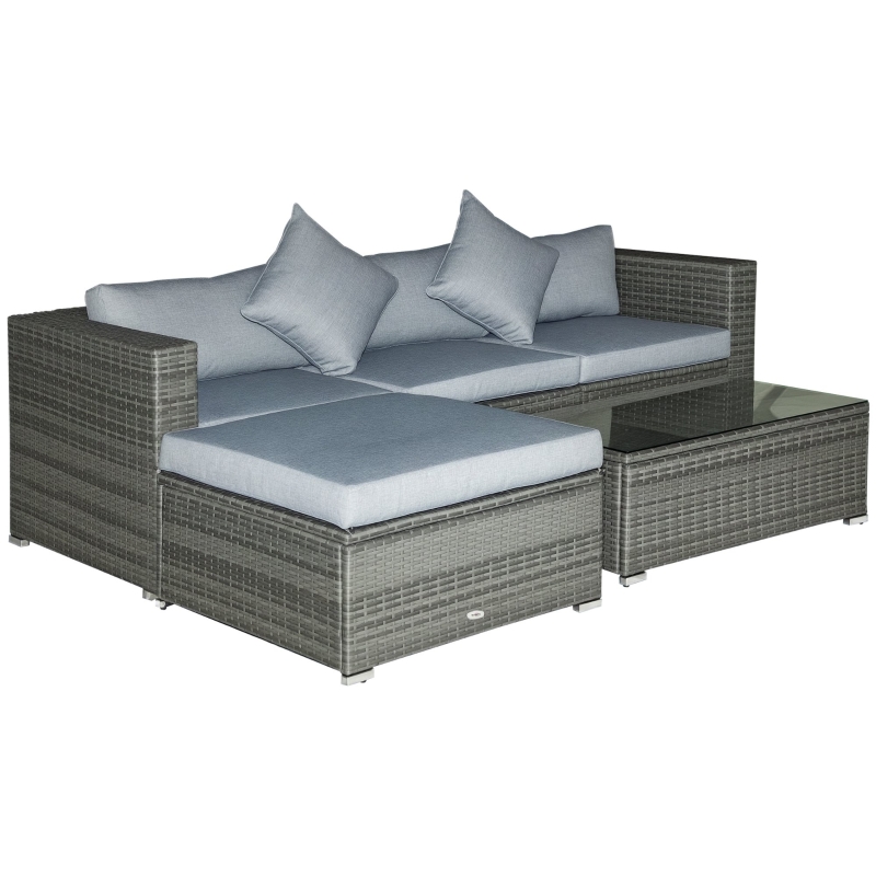 Outsunny 5-Piece Outdoor Sectional Furniture, Patio Sofa Set, PE Wicker Couch, Cushions, Pillows, Ottoman, Table, Light Gray