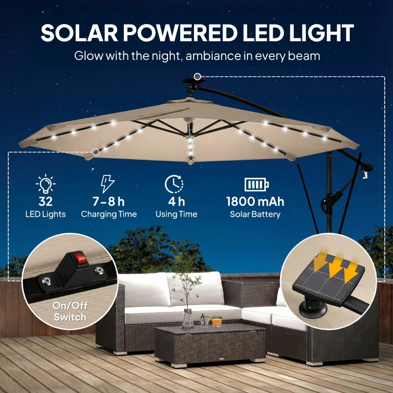 Outsunny 11.3 ft Cantilever Patio Umbrella with Light, Cover, Aluminium UPF50+ Offset Outdoor Umbrella Parasol, Khaki