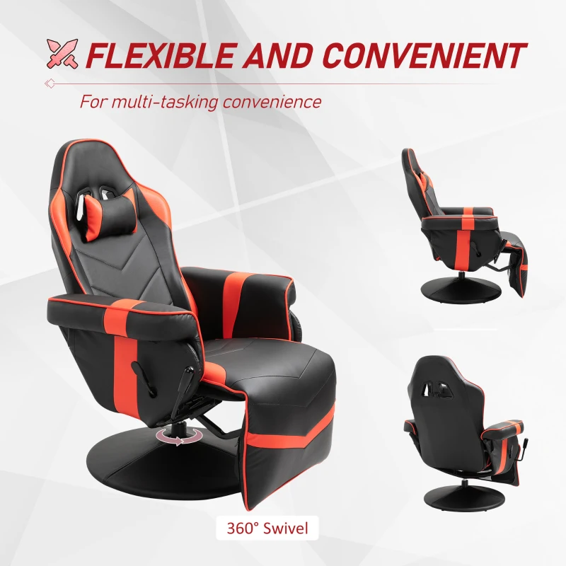 Vinsetto High Back Racing Style Gaming Chair, PU Leather Gamer Recliner Chair with Swivel Pedestal Base, Adjustable Footrest, and Head Pillow, Red