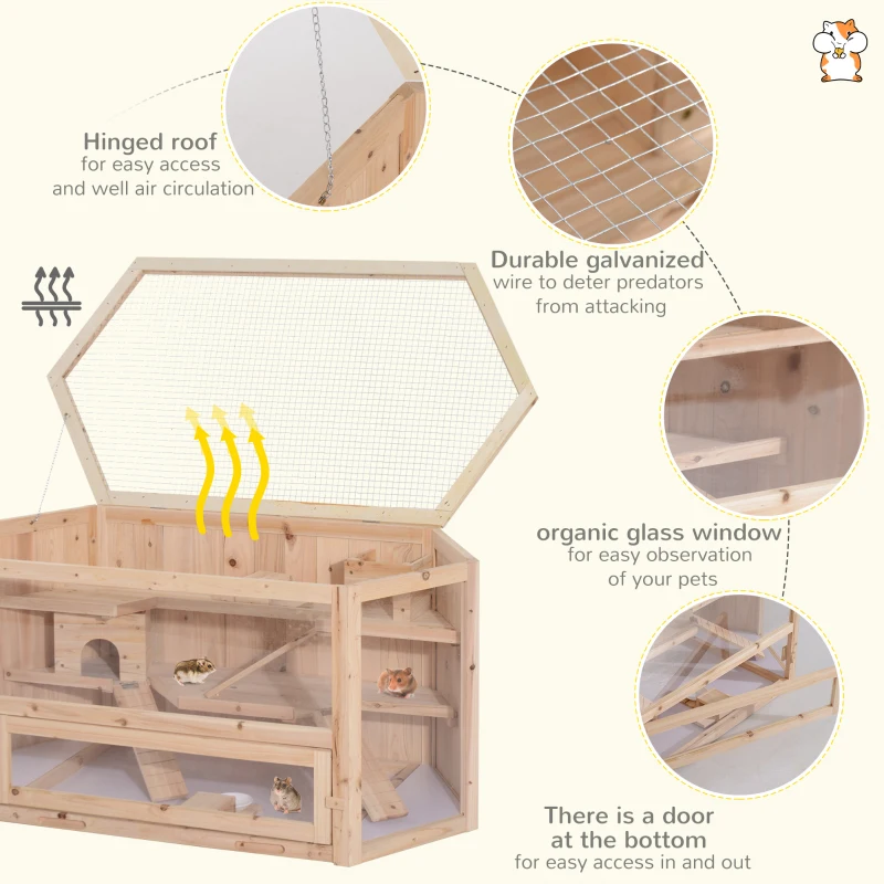 PawHut 3-Tier Extra Large Wooden Hamster Cage with Seesaws, Small Animal Cage and Habitat, Mice, Rat, Gerbil, & Hamster Habitat, Ladder, Feeding Bowl, Openable Top and Front Door