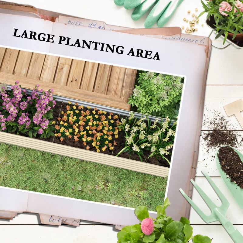 Outsunny 8x2x2ft Galvanized Raised Garden Bed Kit with Safety Edging for Flowers, Herbs and Vegetables, Cream White