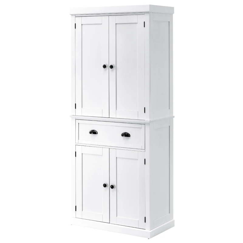HOMCOM 72.5" Kitchen Pantry Cabinet, Traditional Freestanding Storage Cabinet with 4 Doors, Drawer and 3 Adjustable Shelves for Dining Room, White