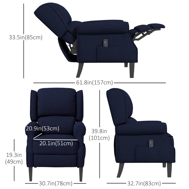 HOMCOM Push Back Recliner Chair, Vibration Massage Recliner for Living Room with Extendable Footrest, Remote, Pocket, Blue