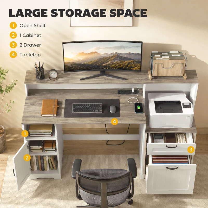 HOMCOM Computer Desk with Power Outlets Office Desk 1 Cabinet File Drawer Grey Brown White
