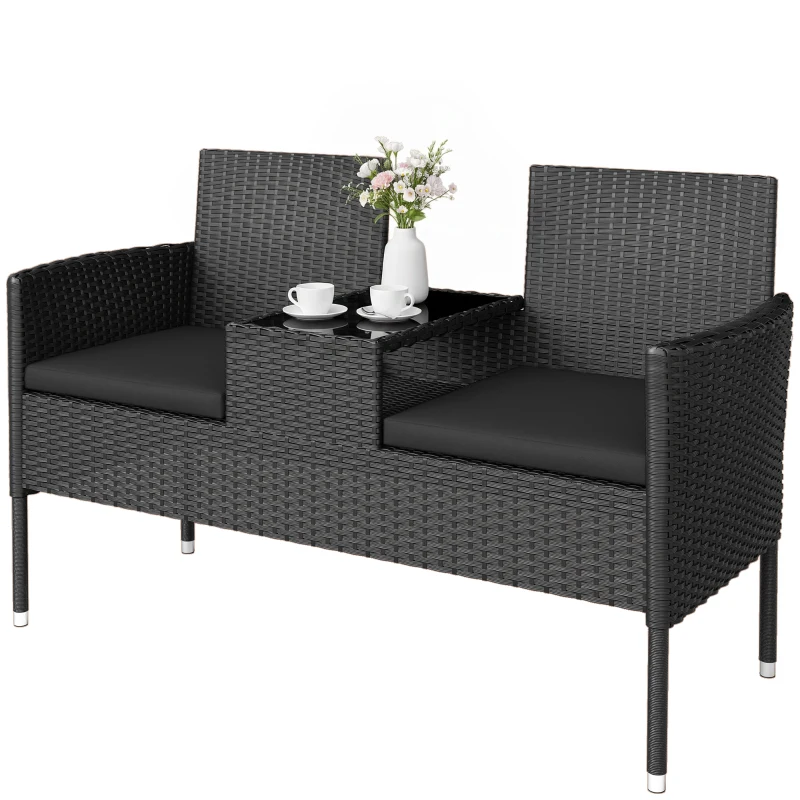 Outsunny Patio Furniture w/ Mid-Table PE Rattan Loveseat w/ Cushion, Black