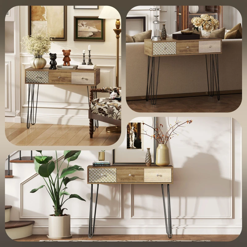 HOMCOM Narrow Console Table with Drawers, 35" Entryway Table with Hairpin Legs for Hallway, Foyer, Living Room, Brown