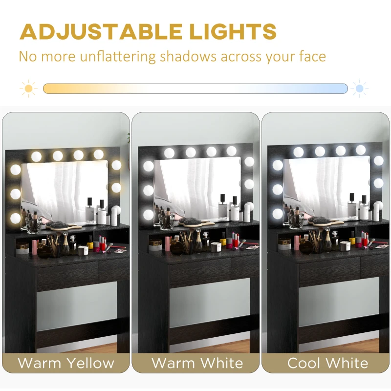 HOMCOM Vanity Table, Makeup Dressing Table with LED Lighting Mirror, Drawers, for Bedroom, Black