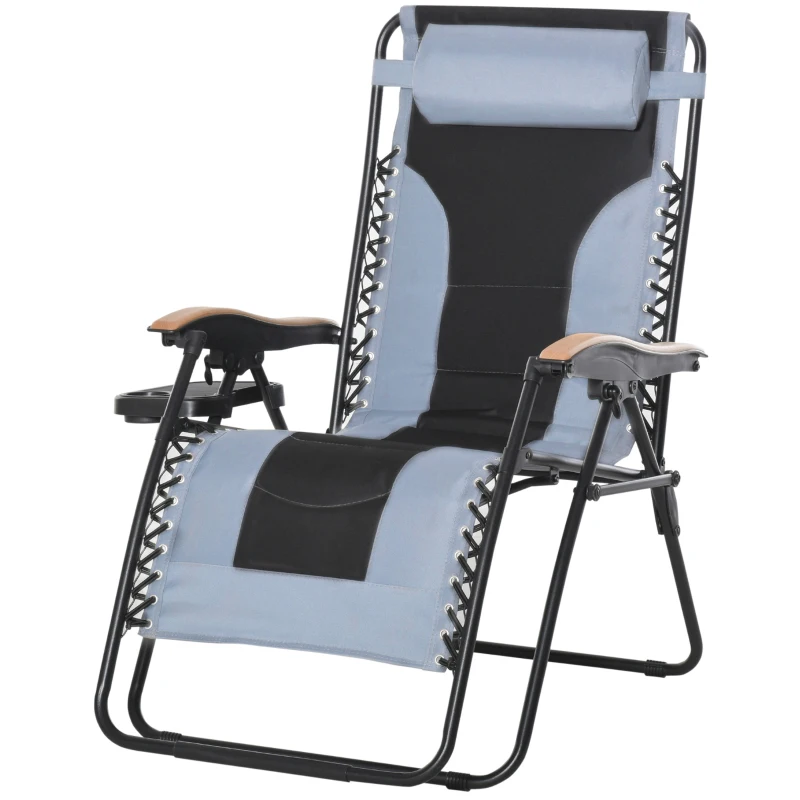 Outsunny Foldable Outdoor Lounge Chair with Footrest, Oversized Padded Zero Gravity Lounge Chair with Headrest, Cup Holders, Armrests for Camping, Lawn, Garden, Pool, Gray