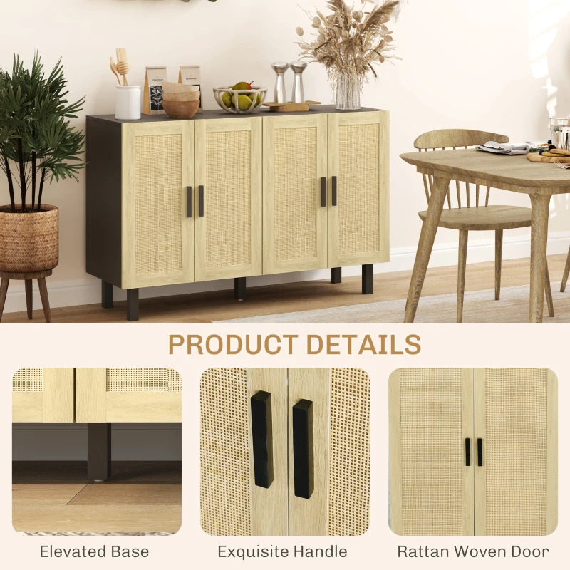 HOMCOM Boho Kitchen Cabinet, Buffet Cabinet with 4 Rattan Doors and Adjustable Shelves for Dining Room, Black and Natural