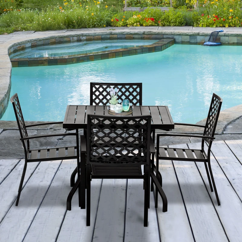 Outsunny 5-Piece Outdoor Patio Square Table Dining Set with 4 Stackable Chairs, Durable Steel Design, & Middle Umbrella Hole of 1.65'' or 1.5''