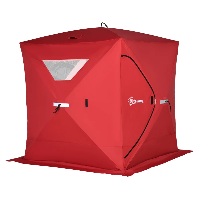 Outsunny 2-4 People Ice Fishing Shelter, Pop-Up Portable Ice Fishing Tent with Carry Bag, Two Doors, Windows and Vents, Ice Shanty for Winter Fishing, Red