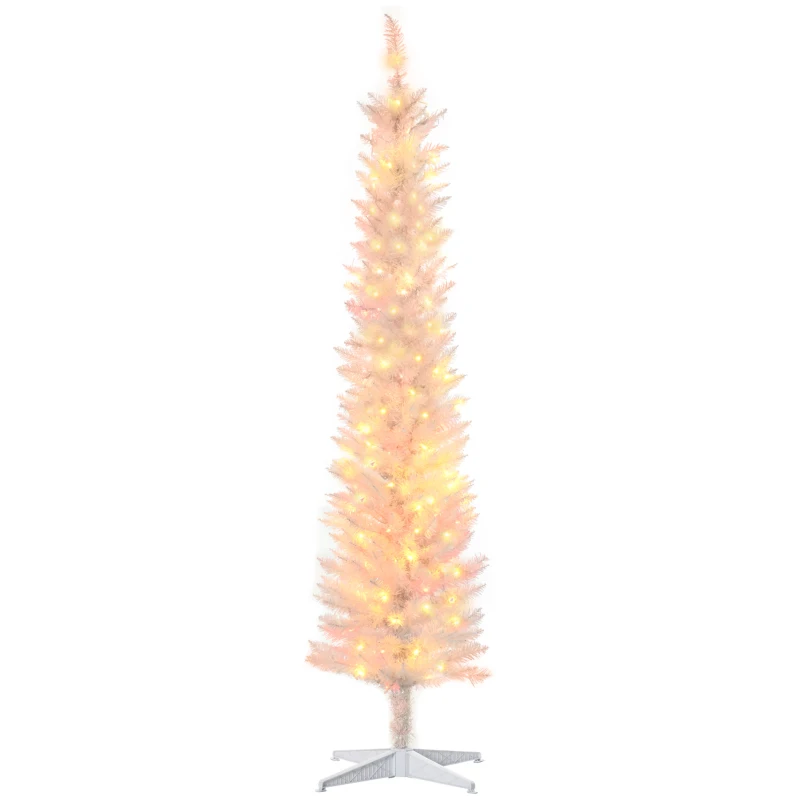 HOMCOM 7' Prelit Christmas Trees, Pencil Artificial Christmas Tree with Colorful Surface Branches, Colorful LED Lights, White