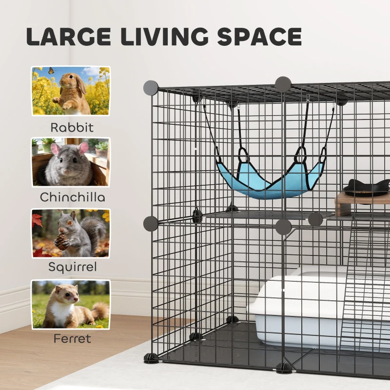 PawHut 2 Tier Cat Cage Crate, DIY Pet Playpen with 2 Doors, Ladder, Hammock, Perch, Indoor Playpen for Kittens, Black