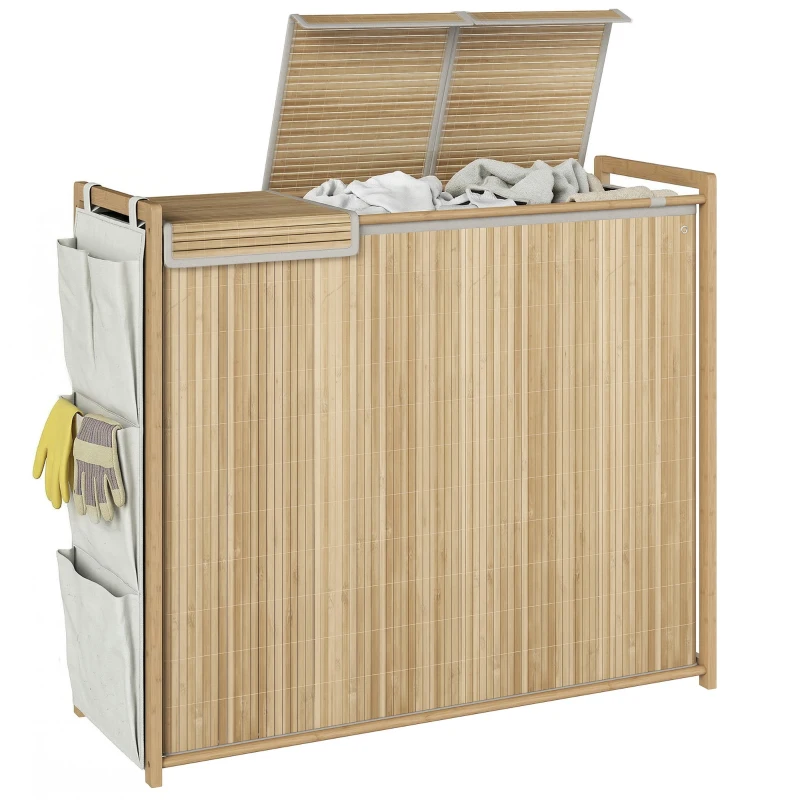 HOMCOM Bamboo Laundry Hamper with Removable Drawstring Bag and Side Storage Pockets, 47 Gal, Natural