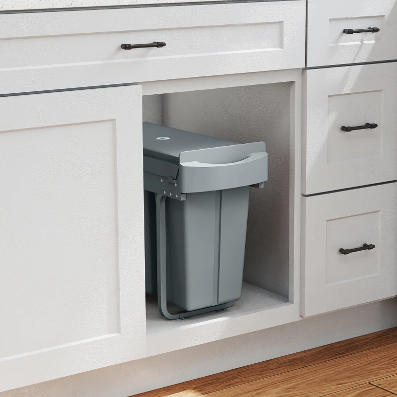 HOMCOM Pull Out Garbage Bin for Kitchen, 7.9 Gallon (30 L) Under Sink Garbage Can, 2 Removable Compartments, Grey