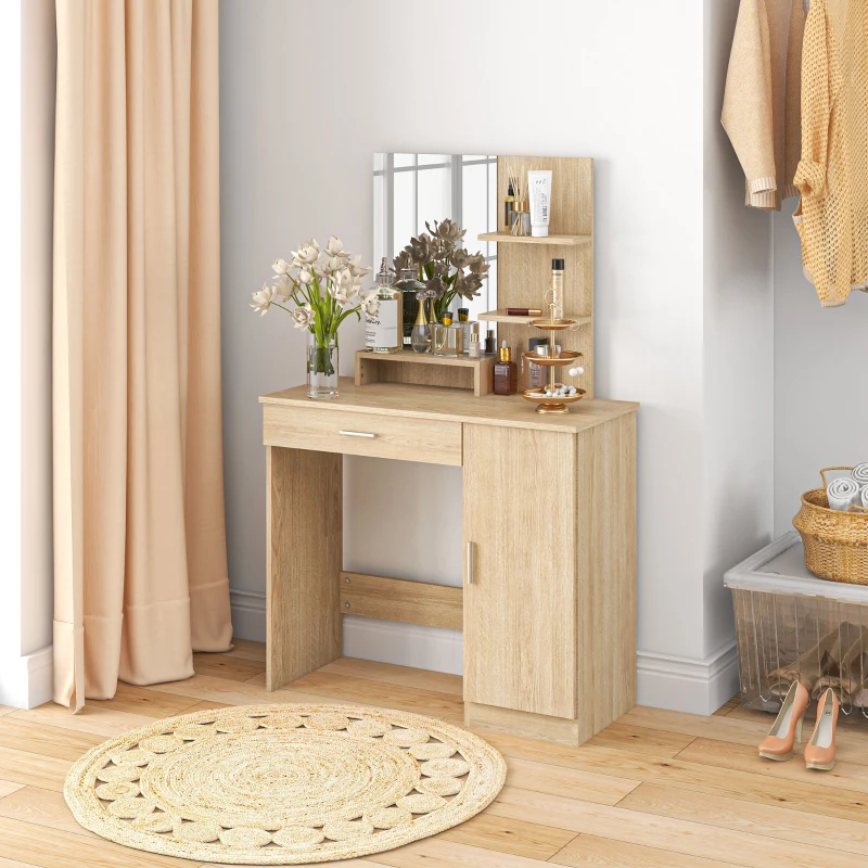 HOMCOM Vanity Desk with Mirror, Makeup Vanity w/ Drawer, Open Compartment and Shelves, Cabinet, Adjustable Shelves for Bedroom