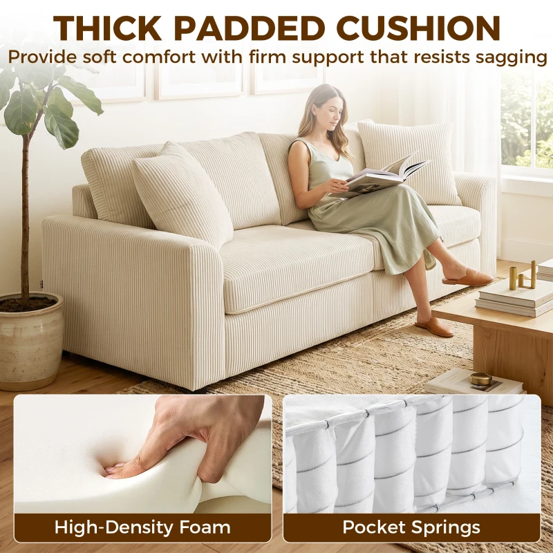 HOMCOM 3 Seater Sofa, 83.5" Modern Upholstered Couch with Pocket Spring and 2 Scatter Cushions for Living Room, Cream White