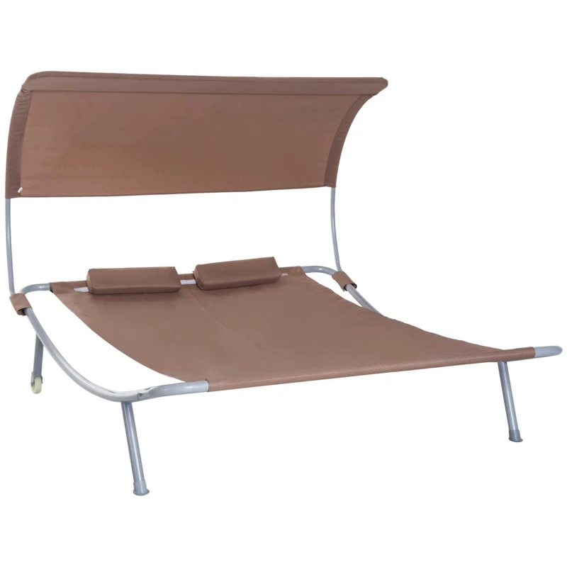 Outsunny 79" Outdoor Lounge Chair with Canopy, Double Chaise Lounger Hammock Bed w/ Pillow and Wheels, Brown