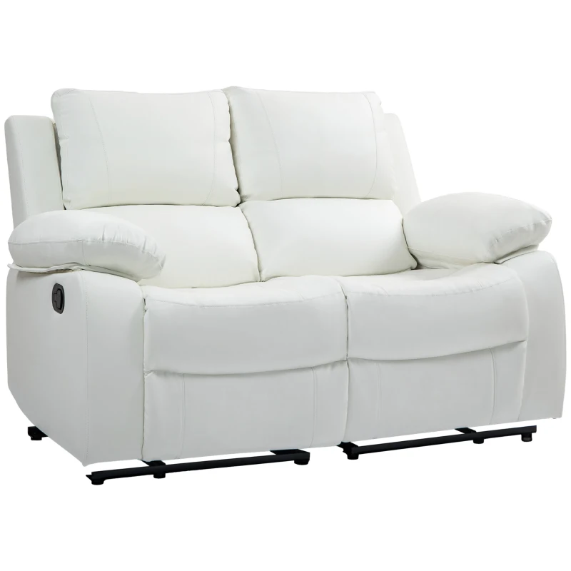 HOMCOM PU Leather Manual Recliner Sofa, Double Reclining Loveseat with Pull Tab Control Footrest for Living Room, White