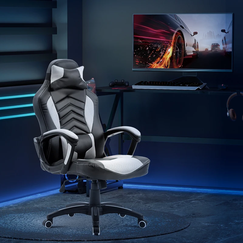 HOMCOM 6 Vibrating Point Massage Computer Gaming Chair 5 Modes, Racing Style Heated Desk Chair Swivel Rolling Chair with Headrest, White / Black