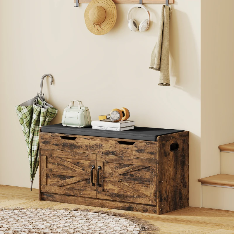 HOMCOM Shoe Storage Bench, Entryway Bench with 2-Tier Cabinet, Flip-Top Storage, Padded Cushion for Hallway, Rustic Brown