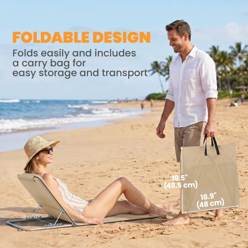 Outsunny 2 Pieces Beach Lounge Chair, Outdoor Folding Chaise Lounge Set w/ Pillow for Sunbath, Snap, Beige