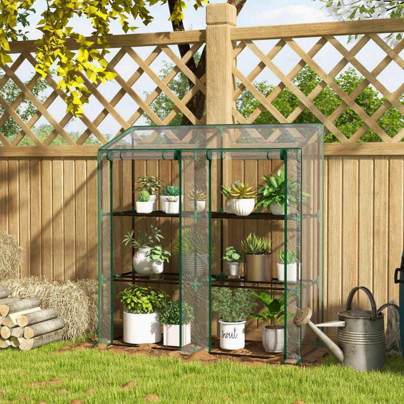 Outsunny Lean-to Greenhouse, Portable Greenhouse with 3 Tier Shelves, 2 Roll-Up Zippered Doors, 56.3" x 18.1" x 59.4", Clear