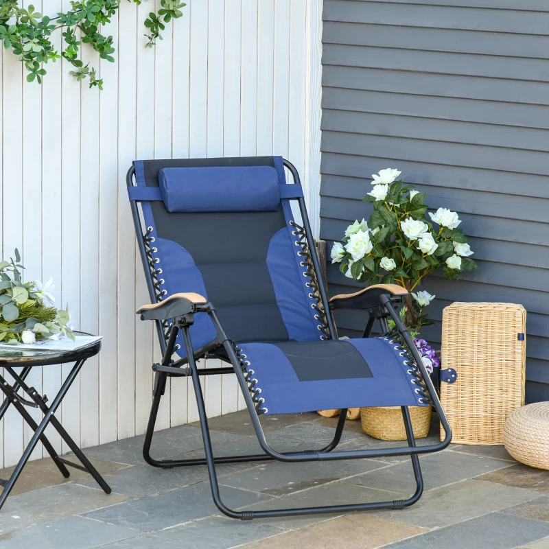 Outsunny Foldable Outdoor Lounge Chair with Footrest, Oversized Padded Zero Gravity Lounge Chair with Headrest, Cup Holders, Armrests for Camping, Lawn, Garden, Pool, Blue